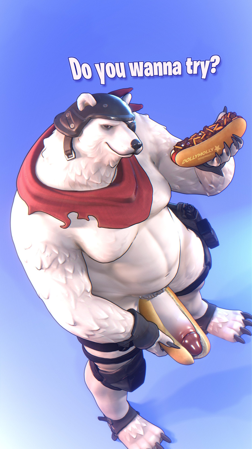 2023 3d_(artwork) 4k 9:16 absurd_res anthro armor bandanna bear digital_media_(artwork) dollymolly323 double_entendre english_text epic_games erection eye_patch eyewear food food_fetish food_play fortnite full-length_portrait fur genitals headgear hi_res high-angle_view holding_food holding_object hot_dog kerchief looking_at_viewer looking_up_at_viewer male mammal musclegut penis polar_bear polar_patroller portrait pose presenting presenting_penis solo suggestive suggestive_food text ursine watermark white_body white_fur