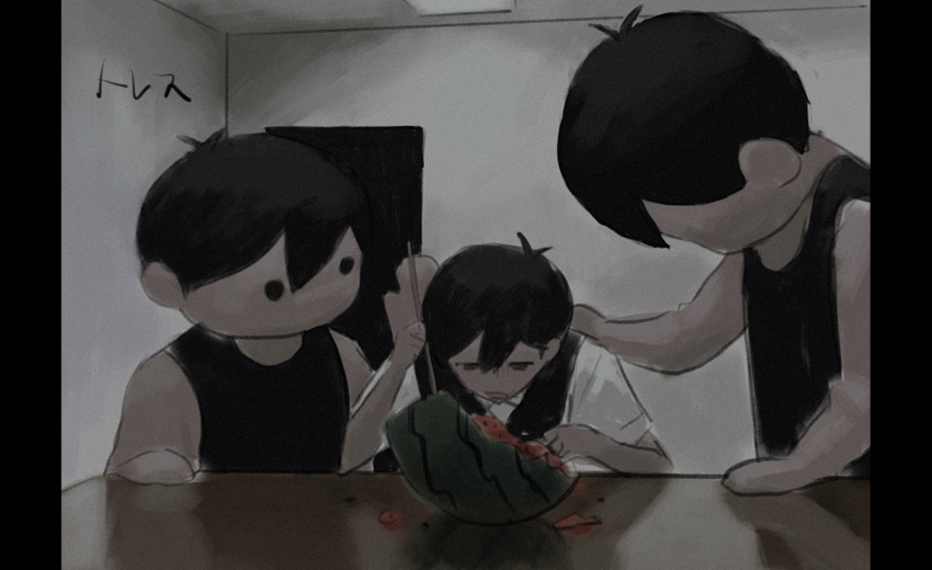 3boys antenna_hair big_head black_eyes black_hair black_tank_top blank_room_soup eating food fruit hand_on_another's_shoulder highres holding holding_ladle horror_(theme) indoors ladle male_focus meme multiple_boys nekoashi omori omori_(omori) open_mouth parody sunny_(omori) table tank_top upper_body watermelon