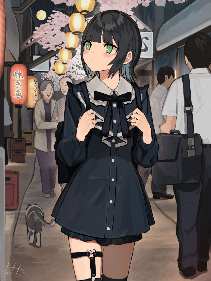 2girls 3boys absurdres alley animal backpack bag beer_crate black_bag black_hair black_ribbon black_skirt black_thighhighs blunt_bangs blush branch building buta5813 buttons cat cherry_blossoms collared_shirt colored_inner_hair cowboy_shot frilled_shirt frills full_moon green_eyes grey_cat grey_hair grey_shirt hanging_lantern highres holding_strap jirai_kei lantern legwear_garter long_shirt long_sleeves looking_to_the_side medium_hair miniskirt moon multicolored_hair multiple_boys multiple_girls neck_ribbon night original outdoors paper_lantern people pleated_skirt ribbon shirt sidelocks signature skirt solo_focus standing tavern thighhighs thighs walking