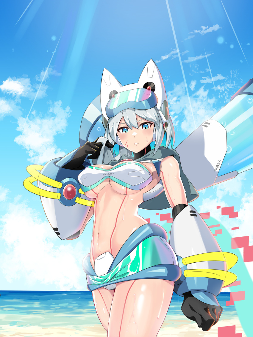 1girl android bare_shoulders beach bikini bikini_skirt black_gloves blue_eyes blue_sky body_markings breasts capelet cleavage cloud commentary_request cowboy_shot day distortion diving_mask diving_mask_on_head gauntlets gloves goggles goggles_on_head grey_capelet grey_hair hair_between_eyes hand_up highres ico_(megaman_x_dive) large_breasts light_blush looking_at_viewer mega_man_(series) mega_man_x_(series) mega_man_x_dive navel ocean outdoors parted_lips popo_(popo0cat) robot_ears sidelocks sky solo standing stomach strapless strapless_bikini sunlight swimsuit underboob wet white_bikini