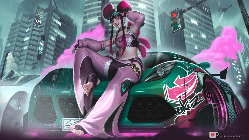 aircraft alternate_costume barefoot building car detached_sleeves eyewear_on_head han_juri helicopter korean_text lamppost maniwarren midriff motor_vehicle pink_smoke rain searchlight skyscraper smoke street_fighter sunglasses traffic_light