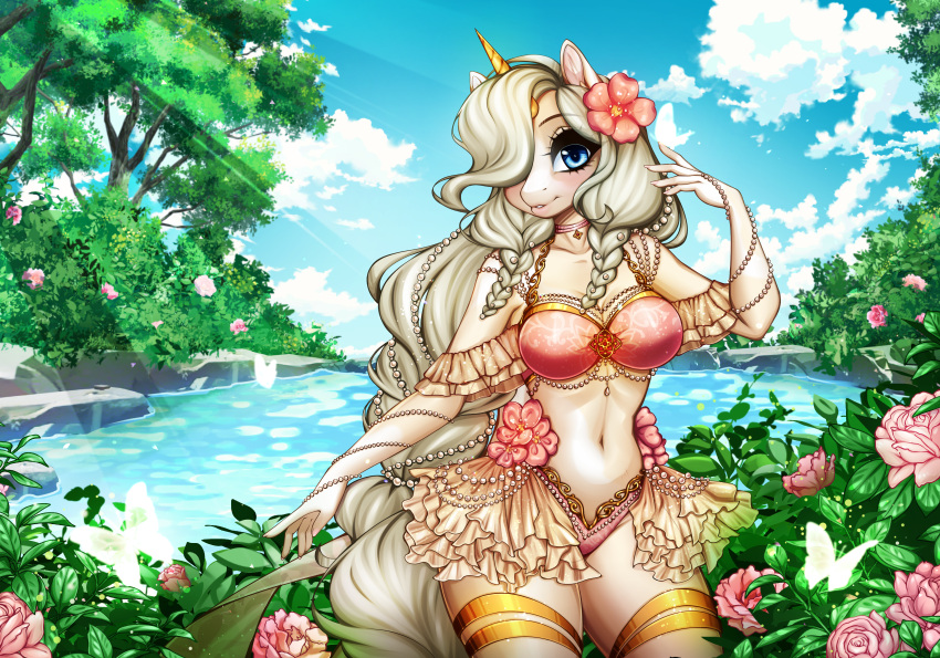 absurd_res accessory anthro arthropod butterfly clothed clothing equid equine female flower flower_accessory flower_in_hair forest forest_background gem hair hair_accessory hi_res horn horse insect lake lepidopteran mammal nature nature_background partially_clothed pearl_(gem) pinup plant pony pose solo tree unicorn water yonachka_doki