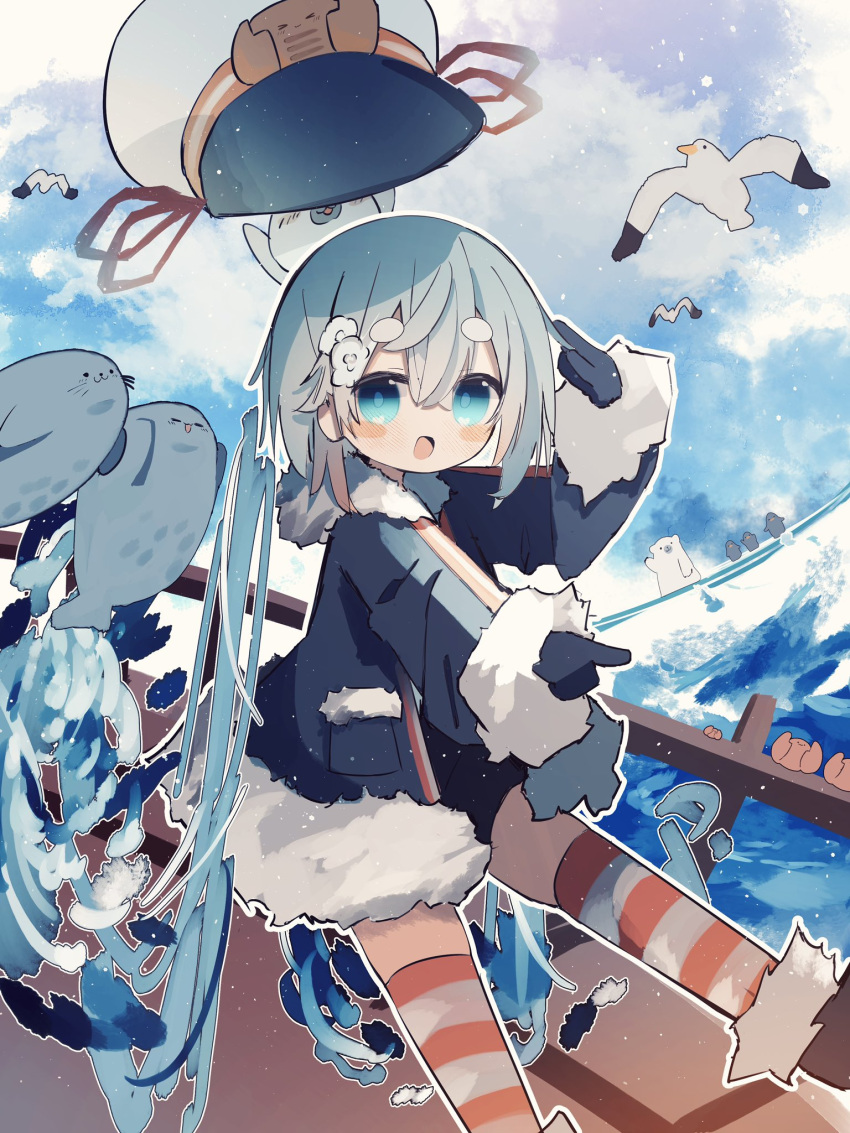 1girl :d animal aqua_eyes bear bird black_coat black_gloves black_shorts blue_hair blush_stickers boots coat commentary crab day dutch_angle feet_out_of_frame fur-trimmed_boots fur-trimmed_coat fur-trimmed_sleeves fur_trim gloves hat hat_removed hatsune_miku headwear_removed highres hikimayu kimiiro_marine_snow_(vocaloid) legs_up light_blue_hair light_smile long_hair military_uniform naval_uniform open_mouth outdoors peaked_cap penguin pocket pointing polar_bear red_ribbon red_thighhighs ribbon salute seagull seal_(animal) ship shorts smile striped striped_thighhighs syare_0603 thighhighs twintails uniform very_long_hair vocaloid watercraft waves wavy_hair white_bird white_thighhighs yuki_miku yuki_miku_(2022)