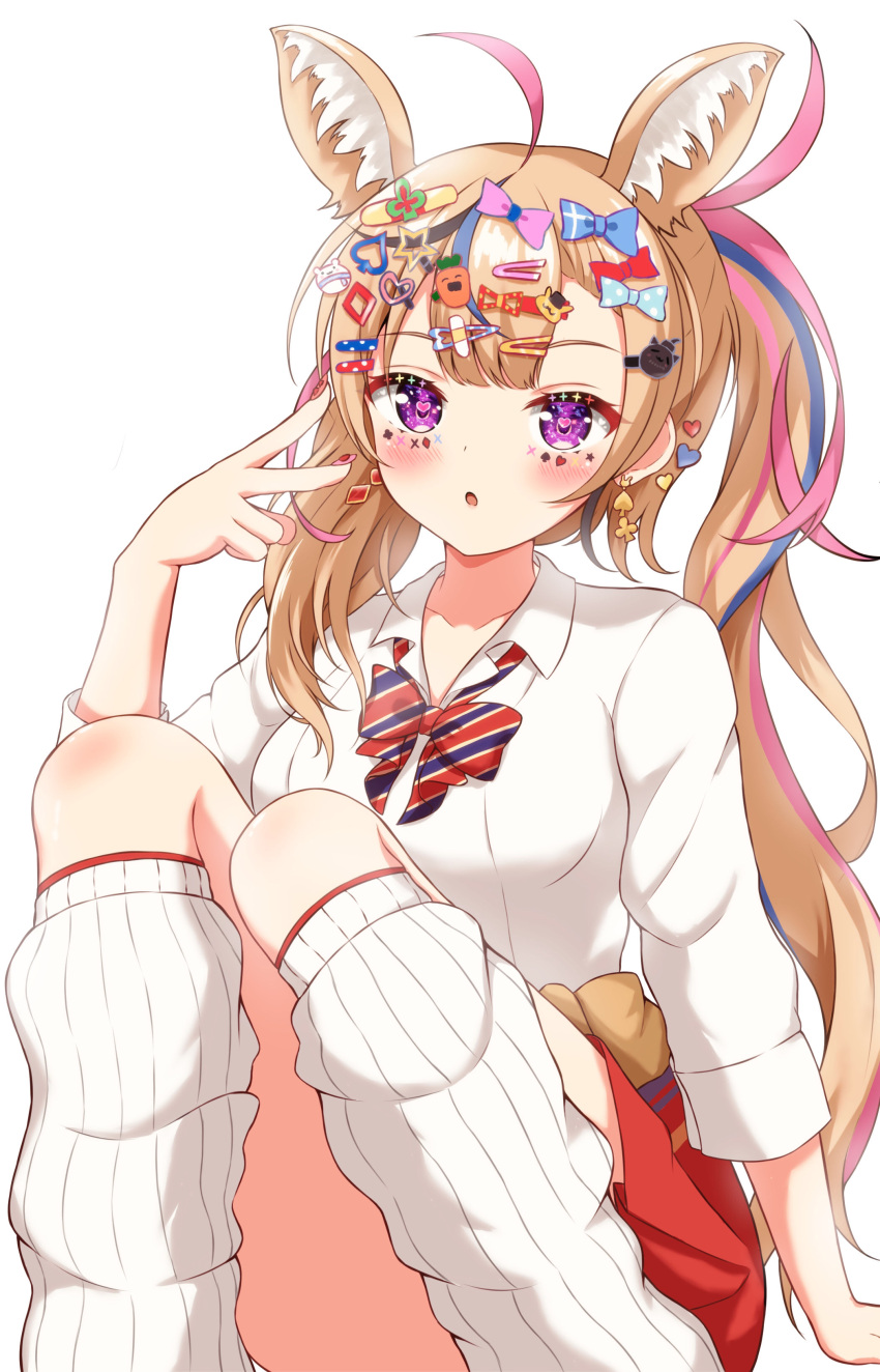 1girl :o absurdres ahoge animal_ears blonde_hair blue_hair blush bow bowtie earrings facial_mark fox_ears fox_girl gyaru hair_bow heart heart-shaped_pupils highres hololive jewelry knees_together_feet_apart leg_warmers long_hair long_sleeves looking_at_viewer multicolored_hair omaru_polka omaru_polka_(school_uniform) pink_hair purple_eyes red_skirt rinkaa_(lovelive765pro2) school_uniform simple_background sitting skirt solo streaked_hair symbol-shaped_pupils too_many_hairclips v virtual_youtuber white_background