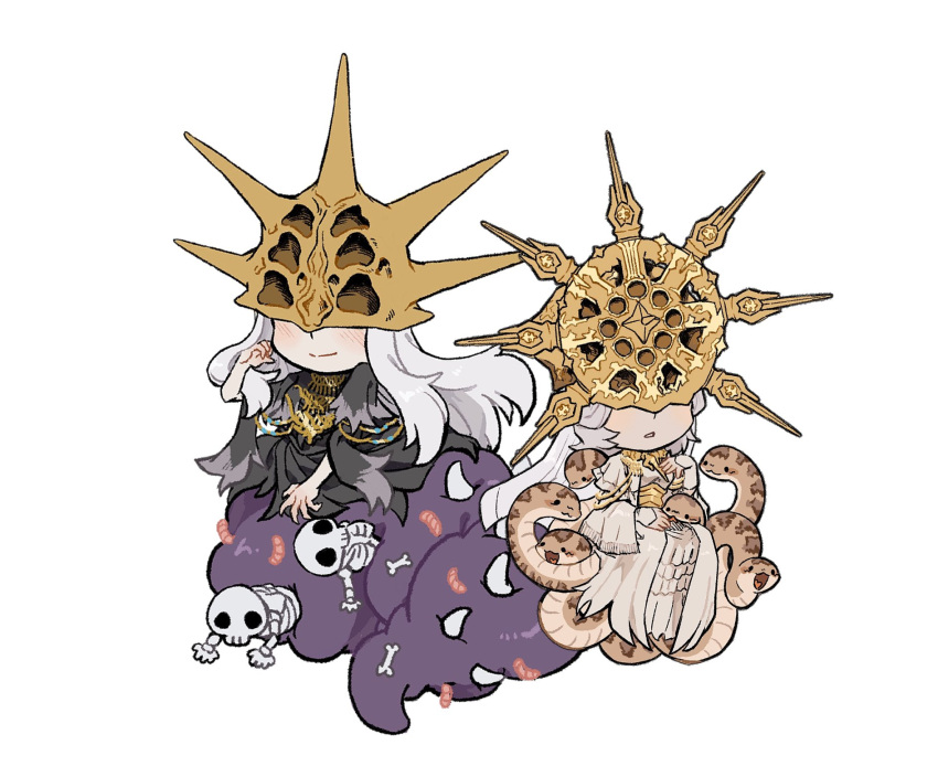 2boys aldrich_devourer_of_gods animal black_dress blush bone chibi dark_souls_(series) dark_souls_i dark_souls_iii dark_sun_gwyndolin detached_sleeves dress facing_viewer gold_headwear grey_background grey_dress grey_hair grey_sleeves helmet highres monster_boy multiple_boys short_hair simple_background skeleton skull smile snake spiked_helmet teeth zunkome