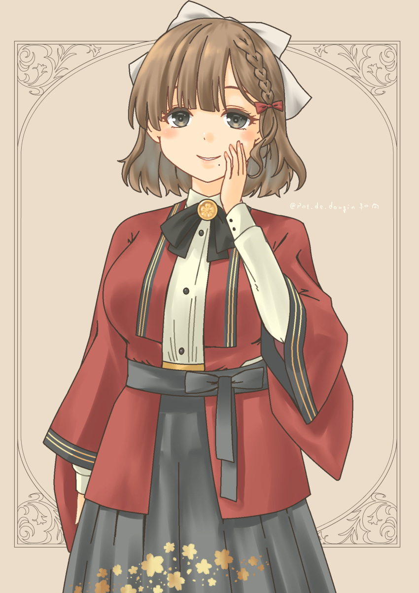 1girl absurdres asahi_(kancolle) black_hakama braid brown_background brown_hair buttons coat collared_shirt cowboy_shot grey_eyes hair_ribbon hakama highres japanese_clothes kantai_collection long_sleeves mole mole_under_mouth pot-de ribbon shirt short_hair solo white_ribbon white_shirt