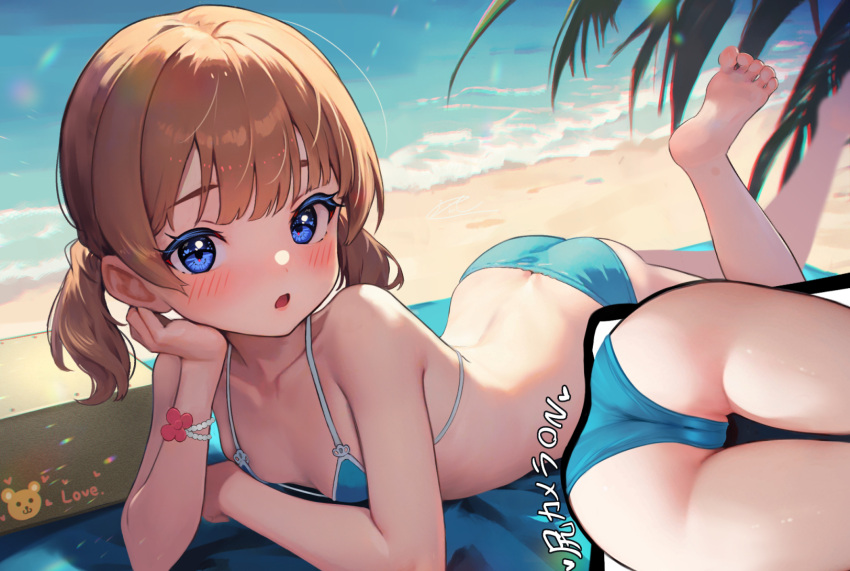 1girl ass barefoot bikini blue_bikini blue_eyes blush breasts brown_hair c_(theta) collarbone feet_up hand_on_own_cheek hand_on_own_face head_rest highres idolmaster idolmaster_million_live! looking_at_viewer lying mat micro_bikini multiple_views on_stomach outdoors short_twintails small_breasts suou_momoko swimsuit twintails