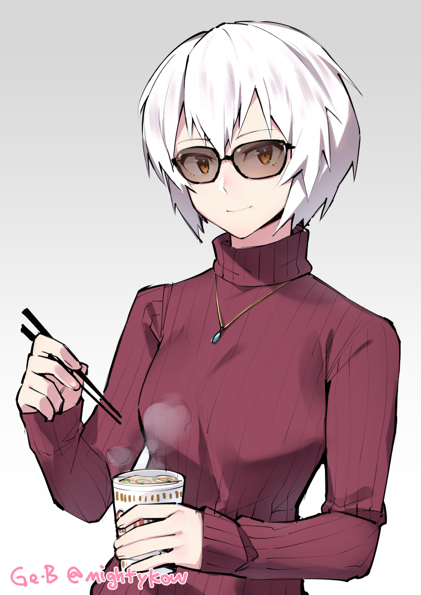 1girl absurdres artist_name black-framed_eyewear brown_eyes chopsticks closed_mouth commentary cup_ramen ge-b glasses grey_background highres holding holding_chopsticks jewelry long_sleeves looking_at_viewer necklace original red_sweater short_hair simple_background sleeves_past_wrists solo sweater turtleneck turtleneck_sweater upper_body white_hair