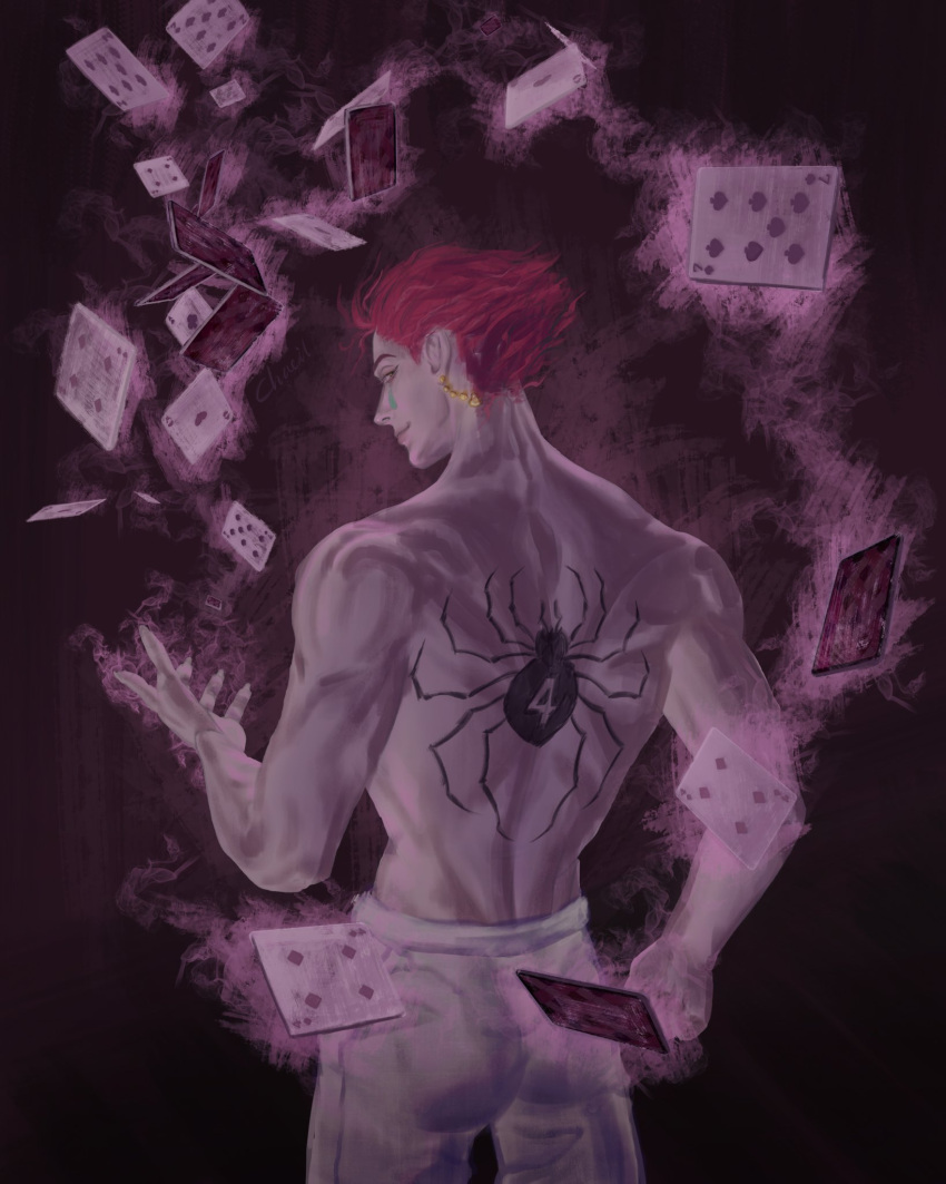 1boy bare_shoulders bug card chaeillll cowboy_shot diamond_(shape) earrings highres hisoka_morow hunter_x_hunter jewelry looking_at_viewer looking_back male_focus muscular muscular_male nen_(hunter_x_hunter) pants profile red_hair short_hair smile solo spade_(shape) spider spider_tattoo tattoo teardrop_facial_mark teardrop_tattoo topless_male white_pants yellow_eyes