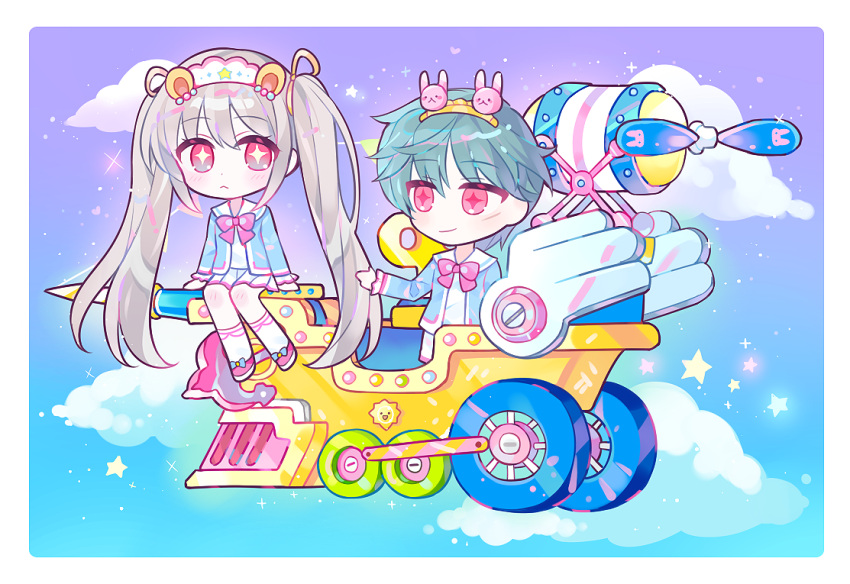 +_+ :&lt; blue_jacket blue_sky blush bow character_request chibi closed_mouth cloud g_ieep gradient_eyes gradient_sky green_hair grey_eyes grey_hair jacket long_hair maplestory multicolored_eyes open_clothes open_jacket pink_bow pink_eyes pink_footwear pleated_skirt purple_sky sailor_collar shirt shoes skirt sky smile socks star_(symbol) twintails very_long_hair white_sailor_collar white_shirt white_skirt white_socks