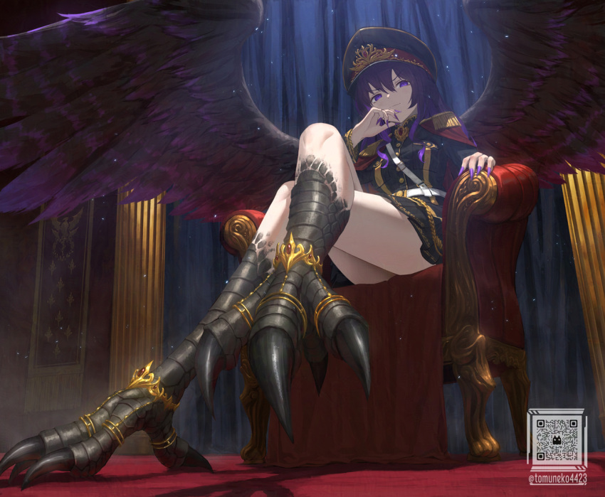 1girl armchair black_skirt chair claws commentary_request commission crossed_legs epaulettes feathered_wings from_below hair_between_eyes harpy hat light_particles looking_at_viewer medium_hair military_uniform miniskirt mixed-language_commentary monster_girl original peaked_cap purple_eyes purple_hair purple_nails purple_wings qr_code sitting skeb_commission skirt solo tom-neko_(zamudo_akiyuki) uniform wings