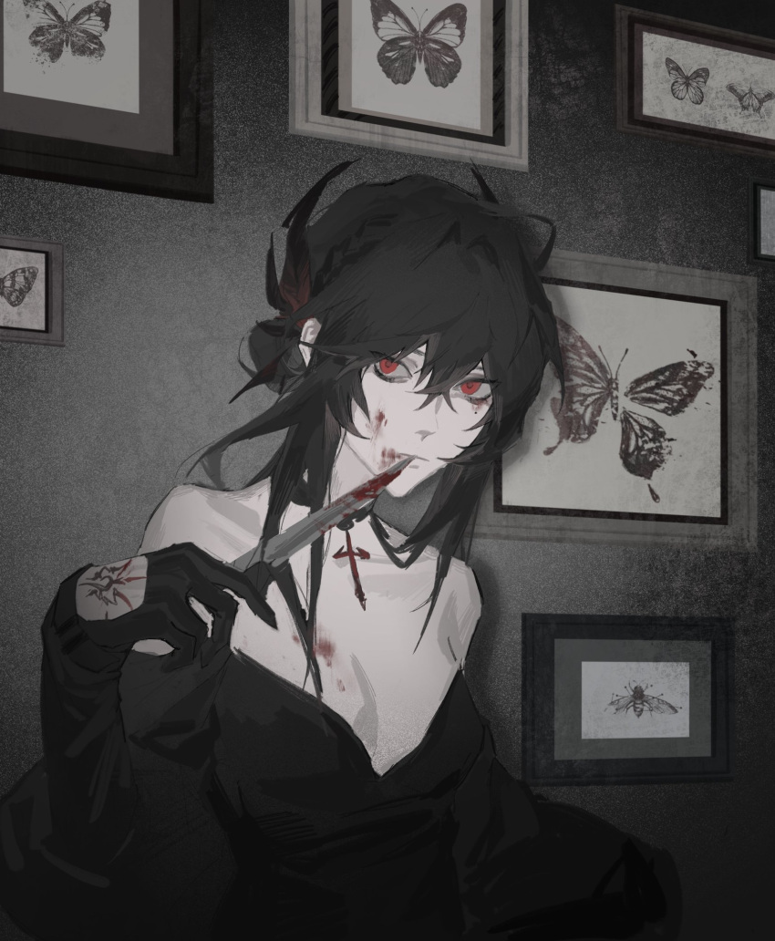 1girl black_dress black_gloves black_hair blood blood_on_face breasts bug butterfly cleavage cross dress gloves highres holding holding_knife jiao_chang knife medium_breasts original poster_(object) red_eyes solo