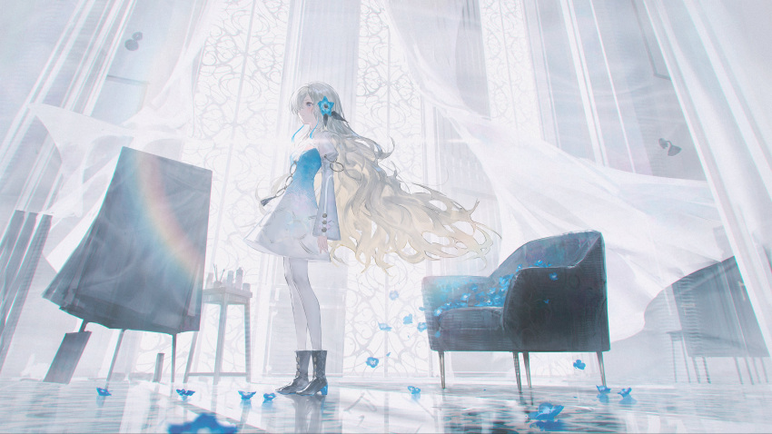 1girl absurdres blonde_hair blue_dress blue_flower boots breasts canvas_(object) chair chromatic_aberration commentary_request curtains day dress flower gradient_dress grey_footwear hair_flower hair_ornament hair_over_one_eye highres indoors isekai_joucho kamitsubaki_studio lens_flare light long_hair long_sleeves looking_ahead makeup nemophila_(flower) o-ring petals profile puffy_sleeves reflective_floor reoen second-party_source small_breasts solo standing sunlight table thighhighs two-tone_dress virtual_youtuber white_dress white_thighhighs