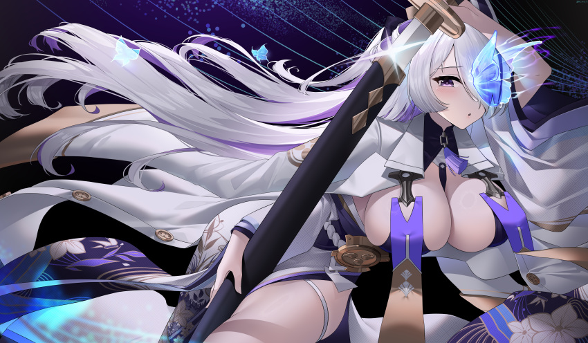 1girl absurdres azur_lane blue_butterfly breasts bug butterfly butterfly_over_eye floating_hair hair_over_one_eye highres holding holding_sword holding_weapon jfzm001 large_breasts long_hair multicolored_hair purple_hair sheath solo streaked_hair sword two-tone_hair unsheathing unzen_(azur_lane) very_long_hair weapon white_hair