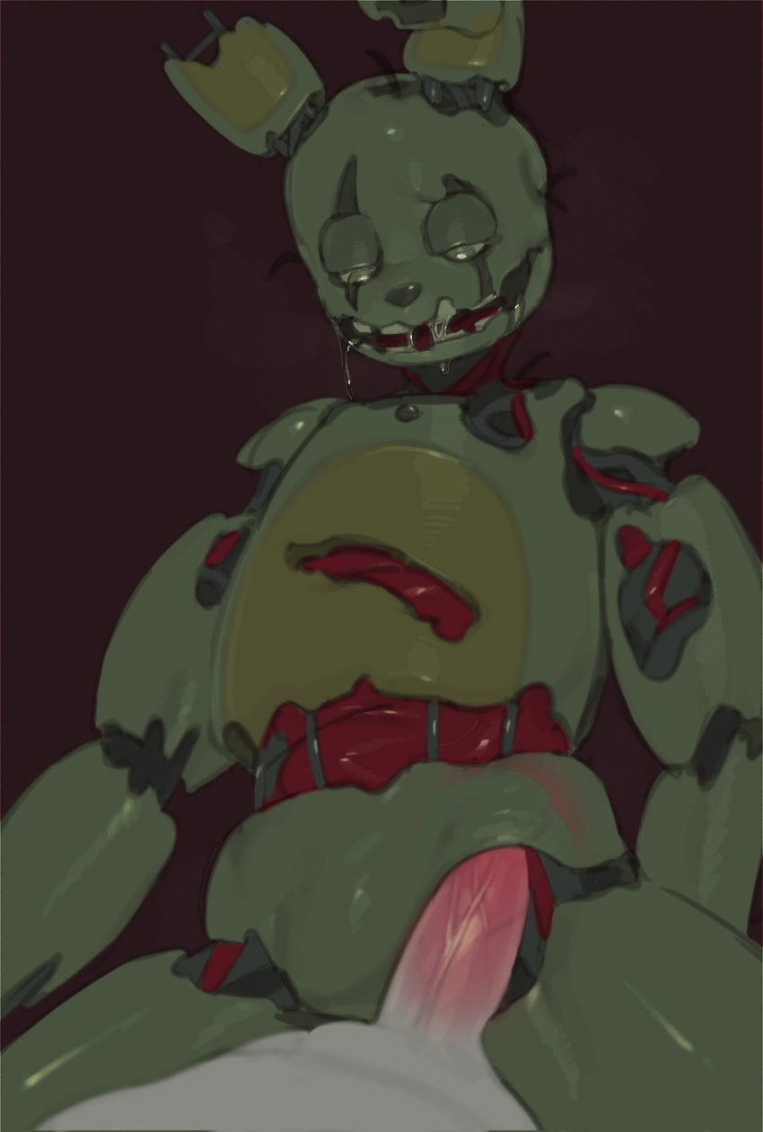 animatronic anthro bodily_fluids breath drooling duo five_nights_at_freddy's five_nights_at_freddy's_3 genitals glistening glistening_body glistening_genitalia glistening_penis green_body hi_res human kogito lagomorph leporid lidded_eyes machine male male/male mammal on_model open_mouth penis rabbit robot saliva scottgames springtrap_(fnaf) teeth vein veiny_penis