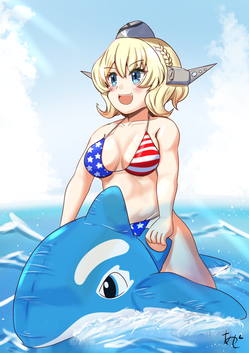 1girl akashieru american_flag_bikini artist_logo artist_name bikini blonde_hair blue_eyes blue_sky braid breasts cloud colorado_(kancolle) cowboy_shot day flag_print garrison_cap grey_headwear hat headgear highres horizon inflatable_toy inflatable_whale kantai_collection large_breasts ocean one-hour_drawing_challenge outdoors riding short_hair side_braids sky solo star_(symbol) star_print striped striped_bikini swimsuit water