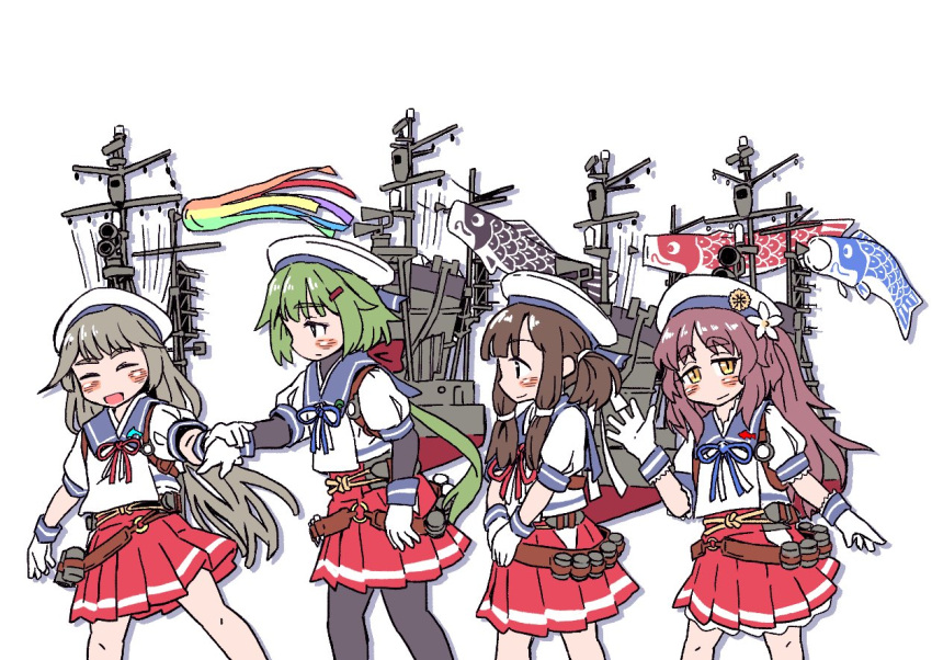 blue_sailor_collar blush brown_hair children's_day closed_eyes closed_mouth flower gloves green_hair grey_hair hair_ornament hairclip hat height_difference holding_hands kantai_collection kisei_mt koinobori kurahashi_(kancolle) long_hair low_twintails mikura_(kancolle) multiple_girls noumi_(kancolle) open_mouth pleated_skirt red_skirt rigging sailor_collar school_uniform serafuku skirt twintails white_flower white_gloves white_headwear windsock yashiro_(kancolle)