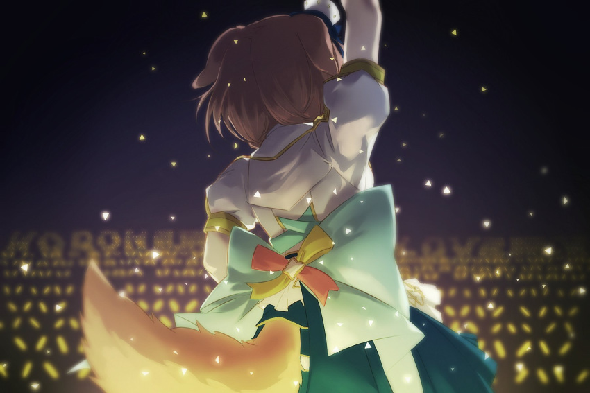 1girl animal_ears arm_up bow brown_hair dog_ears dog_tail facing_away from_behind glowstick green_bow green_skirt hashiguma highres hololive idol_clothes inugami_korone puffy_short_sleeves puffy_sleeves shirt short_sleeves skirt solo tail white_shirt