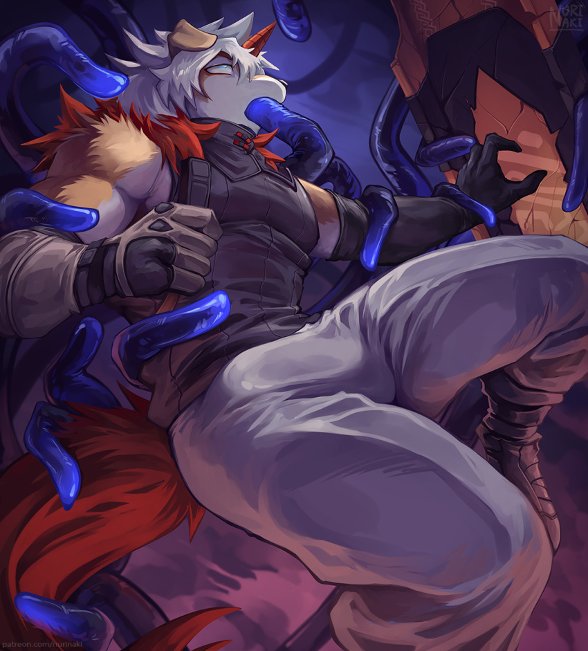 anthro arknights blue_eyes canid canine canis clothed clothing domestic_dog hi_res hung_(arknights) hypergryph male mammal nurinaki oral oral_penetration penetration solo studio_montagne tentacles