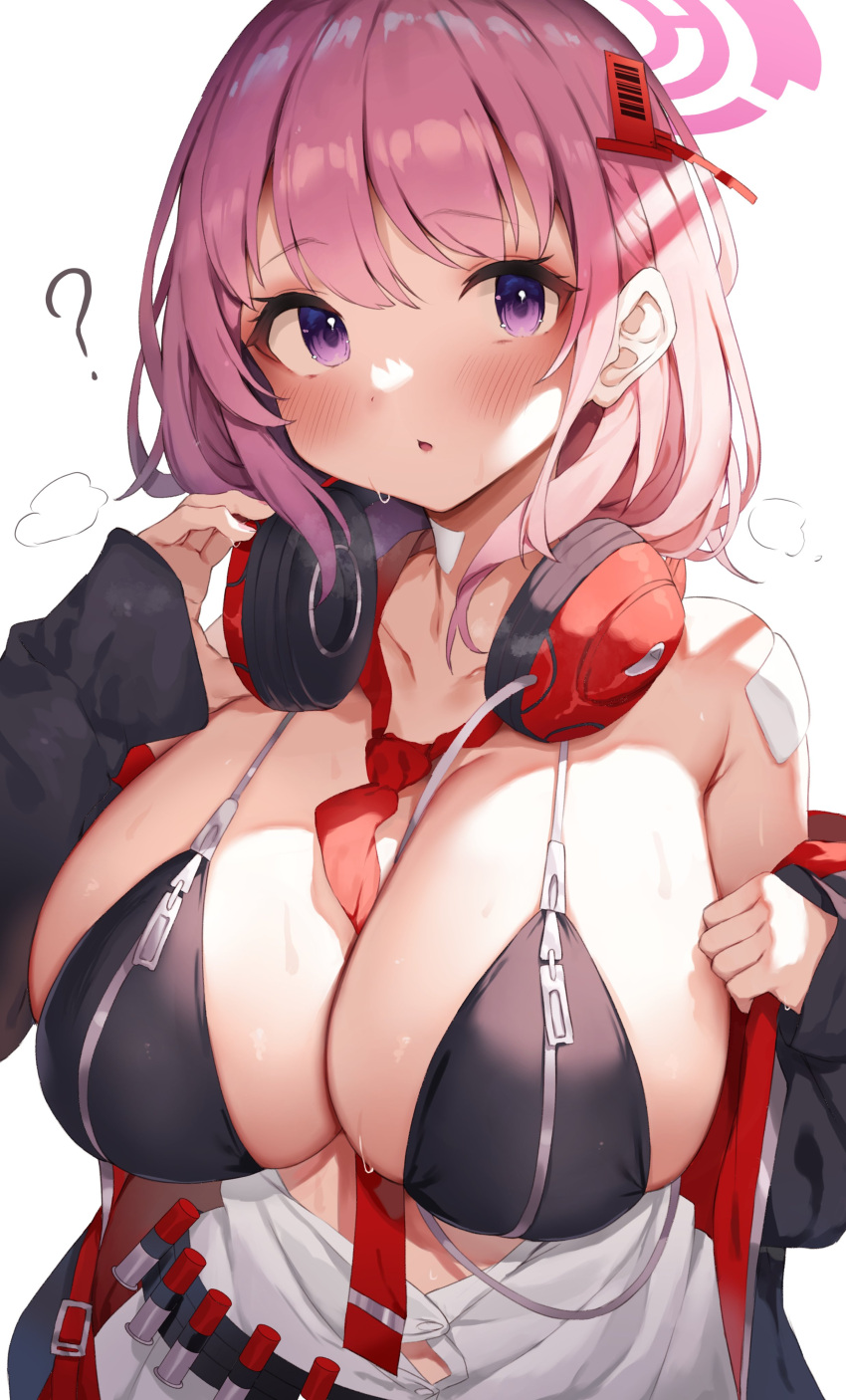 1girl :o ? absurdres between_breasts black_jacket blue_archive blush breasts breath clothes_pull eimi_(blue_archive) hair_ornament halo headphones headphones_around_neck highres jacket large_breasts medium_hair necktie necktie_between_breasts off_shoulder pink_hair purple_eyes red_necktie shell_casing shirt_pull solo sweat upper_body yuk_(pakyaru) zipper_pull_tab