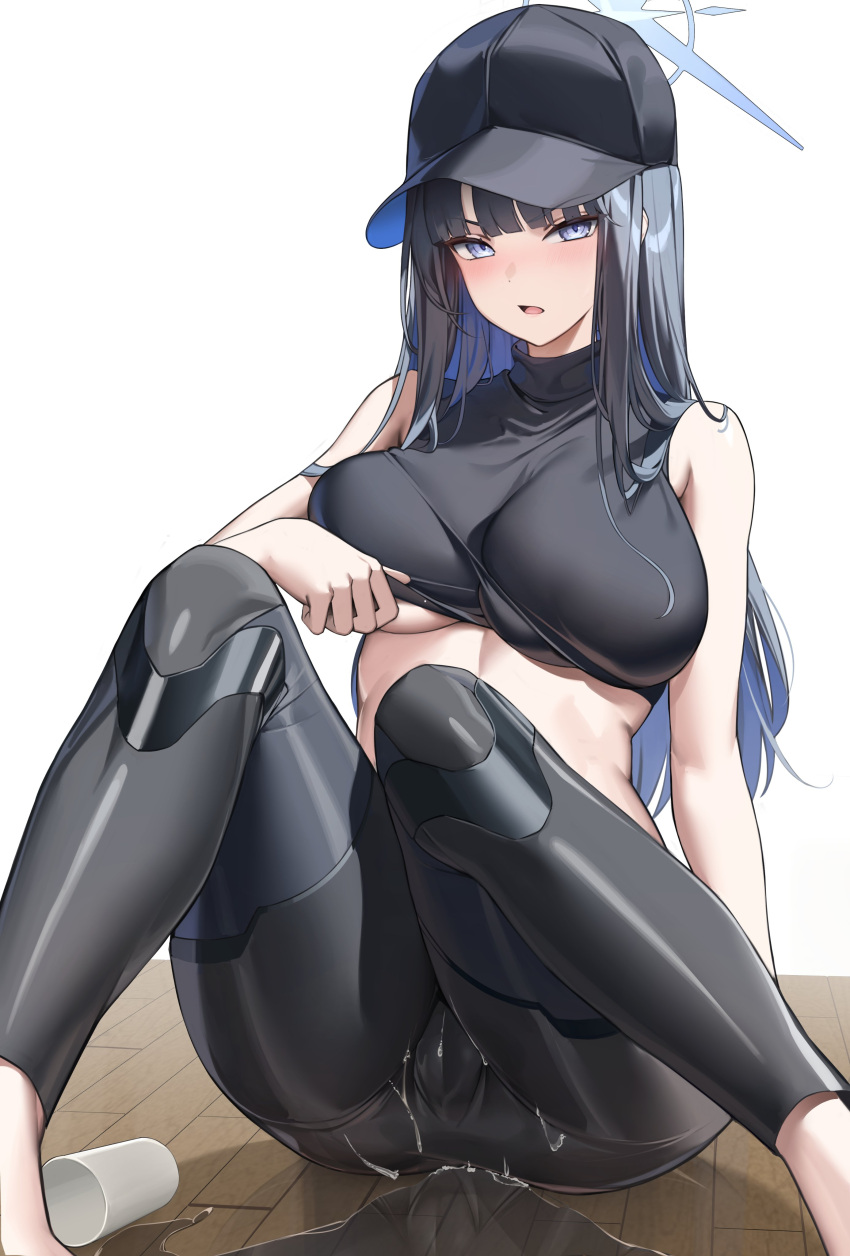 1girl absurdres bare_arms bare_shoulders baseball_cap black_hair black_headwear black_pants black_shirt blue_archive blue_eyes breasts commentary_request crop_top cup feet_out_of_frame hat highres large_breasts leggings long_hair midriff navel pants samart saori_(blue_archive) sexually_suggestive shirt sitting sleeveless sleeveless_shirt solo spill stomach thighs very_long_hair water
