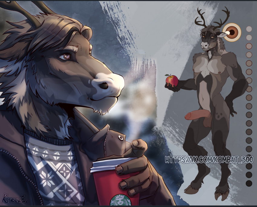 anthro apple balls beverage black_body black_fur brown_eyes brown_hooves brown_horn clothed clothing coffee container cup deer digital_media_(artwork) english_text fingers food fruit fur genitals grey_body grey_fur grey_hair hair hooves horn jacket kombat300 looking_at_viewer male mammal model_sheet new_world_deer nipples nude penis pink_penis plant reindeer simple_background solo standing tail tan_body tan_fur text tgt1512 topwear white_nose