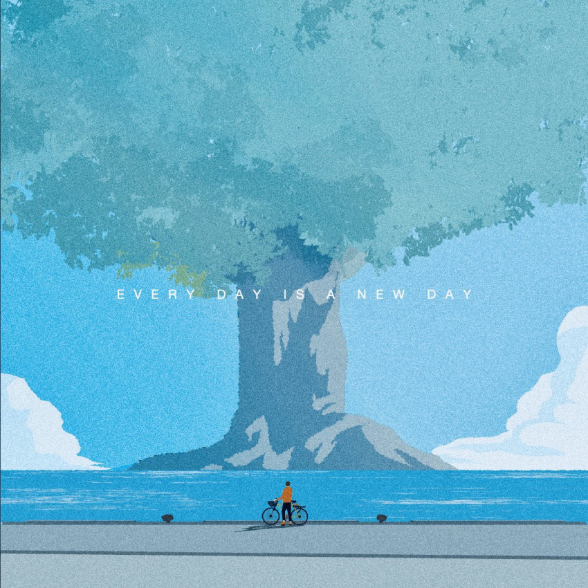 bicycle bicycle_basket blue_sky cloud english_text faceless facing_away hatelephant minimalism ocean original people scenery seaside sky tree