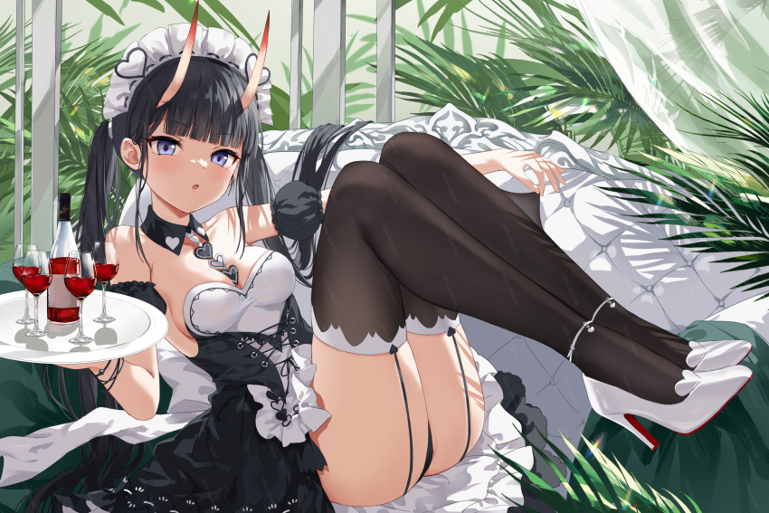 1girl :o absurdres alcohol alternate_costume ass azur_lane bare_shoulders between_breasts black_dress black_hair black_panties black_thighhighs bottle breasts cleavage couch cup detached_collar detached_sleeves devil_heavens dress drinking_glass enmaided garter_straps heart high_heels highres horns legs legs_up long_hair looking_at_viewer lying maid maid_headdress medium_breasts noshiro_(azur_lane) noshiro_(hold_the_ice)_(azur_lane) official_alternate_costume on_back on_couch oni_horns open_mouth panties purple_eyes reclining short_sleeves sidelocks solo strapless strapless_dress thighhighs thighs tray twintails underwear very_long_hair white_footwear wine wine_bottle wine_glass wing_collar