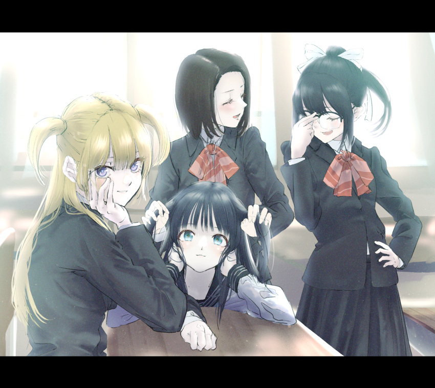 4girls adjusting_eyewear akebi-chan_no_serafuku akebi_komichi black-framed_eyewear black_hair black_jacket black_sailor_collar black_skirt blazer blonde_hair blue_eyes breasts classroom closed_eyes closed_mouth desk diagonal-striped_neckerchief elbow_rest elbows_on_table gurumegu hair_ribbon hand_on_eyewear hand_on_own_hip hands_on_own_cheeks hands_on_own_face highres indoors jacket kizaki_erika letterboxed long_hair looking_at_viewer medium_breasts multiple_girls neckerchief parted_lips pink_neckerchief playing_with_another's_hair pleated_skirt purple_eyes red_neckerchief ribbon roubai_academy_school_uniform_(new) roubai_academy_school_uniform_(old) sailor_collar school_desk school_uniform semi-rimless_eyewear serafuku shirt sitting skirt standing striped_neckerchief tatsumori_ai two_side_up usagihara_touko white_ribbon white_shirt window