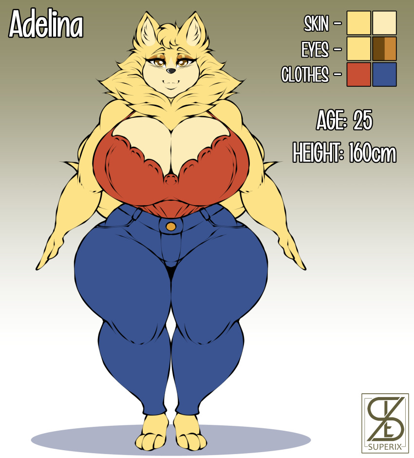 2023 3_toes absurd_res adelina_(superix) anthro bottomwear breasts canid canine canis clothing domestic_dog feet female fingers hi_res looking_at_viewer mammal model_sheet pomeranian solo spitz standing superix toes