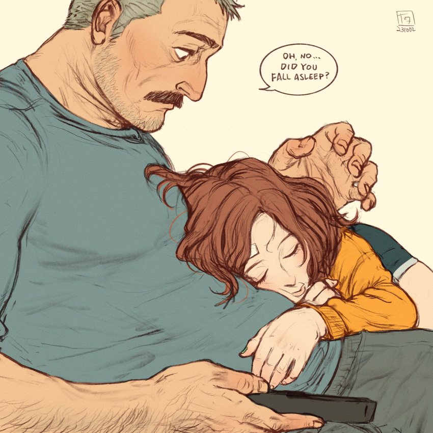 1boy 1girl aaron_gruber_(o_natsuo88) age_difference arm_hair bandaged_head bandages beard_stubble closed_eyes controller couch cutoff_jeans cutoffs english_commentary english_text facial_hair green_shirt grey_hair hand_on_another's_stomach height_difference highres holding holding_remote_control looking_at_another madison_(o_natsuo88) mature_male medium_hair mustache nail_polish o_natsuo88 old old_man orange_sweater original pants profile receding_hairline red_hair remote_control shirt short_hair sleeping sleeping_on_person speech_bubble sweater sweatpants thick_eyebrows thick_mustache wavy_hair wrinkled_skin yellow_background
