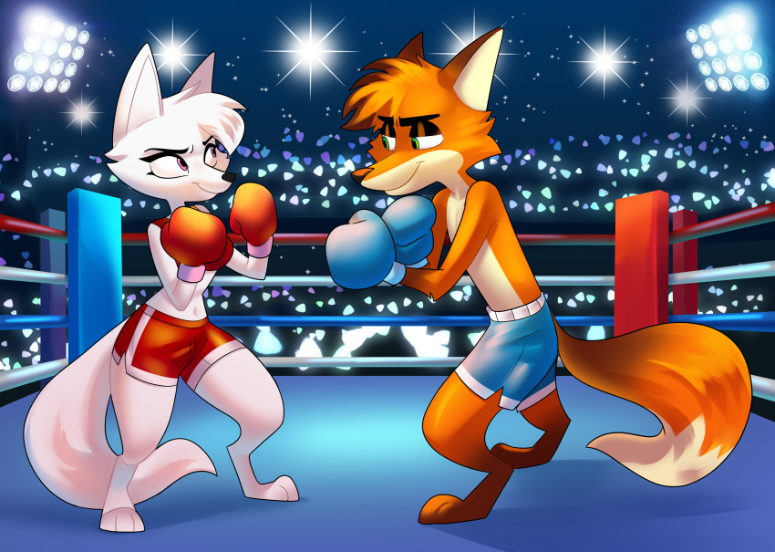 absurd_res anthro arctic_fox boxers_(clothing) boxing boxing_gloves canid canine clothing disney duo dymitr3 emily_(emily_rose) eye_contact eyelashes eyeliner fairfax_(mario_toledo) fan_character female fighting_pose fighting_ring fox green_eyes handwear hi_res illuminated looking_at_another makeup male male/female mammal narrowed_eyes pink_eyes pose public red_fox smile sport underwear zootopia