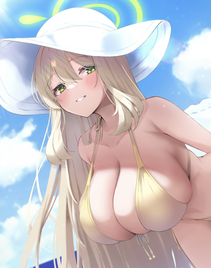 1girl absurdres bikini blonde_hair blue_archive blush breasts front-tie_bikini_top front-tie_top green_eyes hat highres huge_breasts large_breasts long_hair looking_at_viewer mamelatte nonomi_(blue_archive) nonomi_(swimsuit)_(blue_archive) outdoors sky smile solo swimsuit yellow_bikini