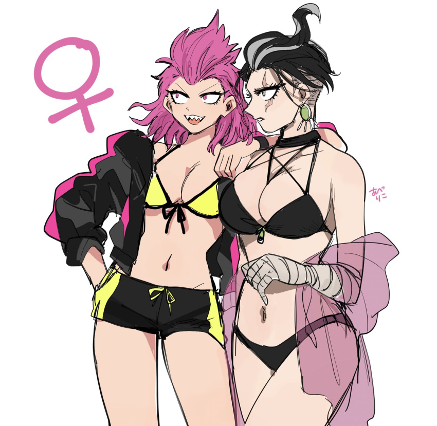 2girls :d abe_riko bandaged_arm bandages bare_shoulders bikini black_bikini black_hair black_jacket black_shorts breasts cleavage collarbone cowboy_shot danganronpa_(series) danganronpa_2:_goodbye_despair earrings genderswap genderswap_(mtf) grey_background highres jacket jewelry large_breasts medium_hair multicolored_hair multiple_girls navel open_clothes open_jacket pink_hair pink_jacket scar scar_across_eye short_hair shorts simple_background smile soda_kazuichi stomach swimsuit tanaka_gundham teeth translation_request two-tone_hair undercut upper_teeth_only venus_symbol white_background yellow_bikini yellow_shorts