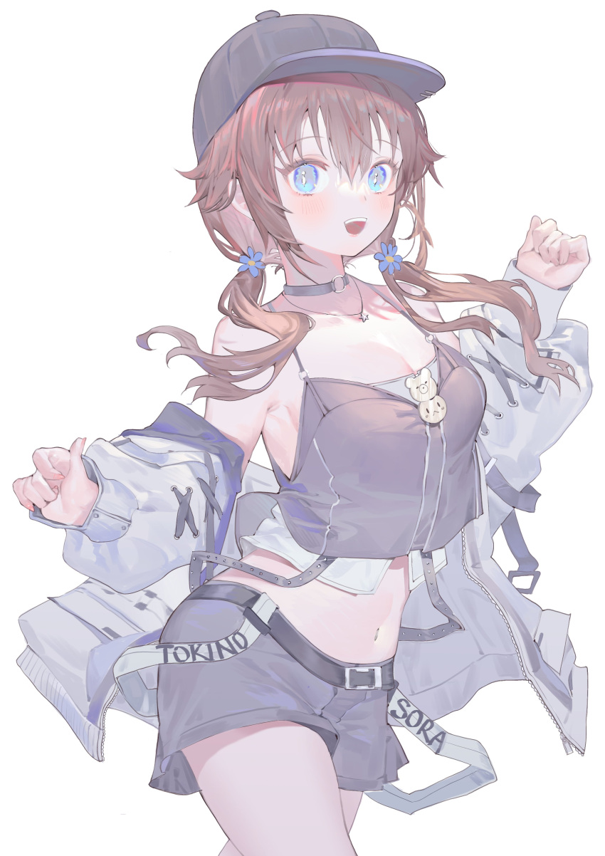 1girl absurdres baseball_cap belt blue_eyes brown_hair choker crop_top flower hair_flower hair_ornament hat highres hololive jacket jacket_partially_removed low_twintails luzi/fengli_nanzi midriff navel off_shoulder open_mouth simple_background skirt smile solo tokino_sora tokino_sora_(6th_costume) twintails virtual_youtuber white_background