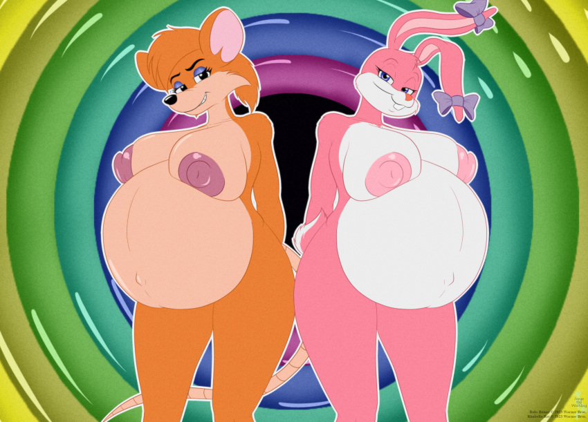 anthro areola babs_bunny belly big_belly big_breasts bow_(feature) breasts digital_media_(artwork) duo female female/female fur hi_res hyper hyper_belly jorge-the-wolfdog lagomorph leporid looking_at_viewer mammal murid murine nipples nude pink_body pregnant pregnant_female rabbit rat rhubella_rat rodent teeth tiny_toon_adventures warner_brothers