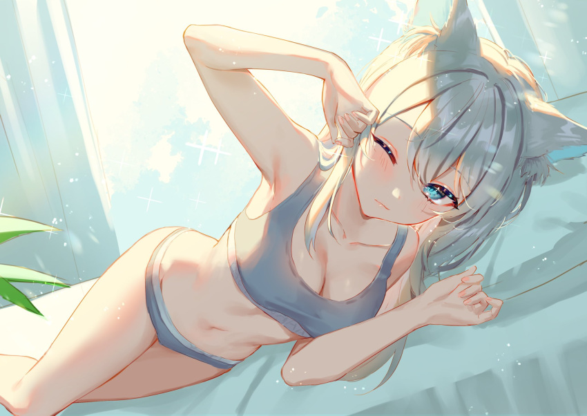 aarontsay animal_ear_fluff animal_ears armpits bed breasts calvin_klein cat_girl commission harushio highres indie_virtual_youtuber large_breasts midriff one_eye_closed skeb_commission thighs underwear virtual_youtuber white_hair