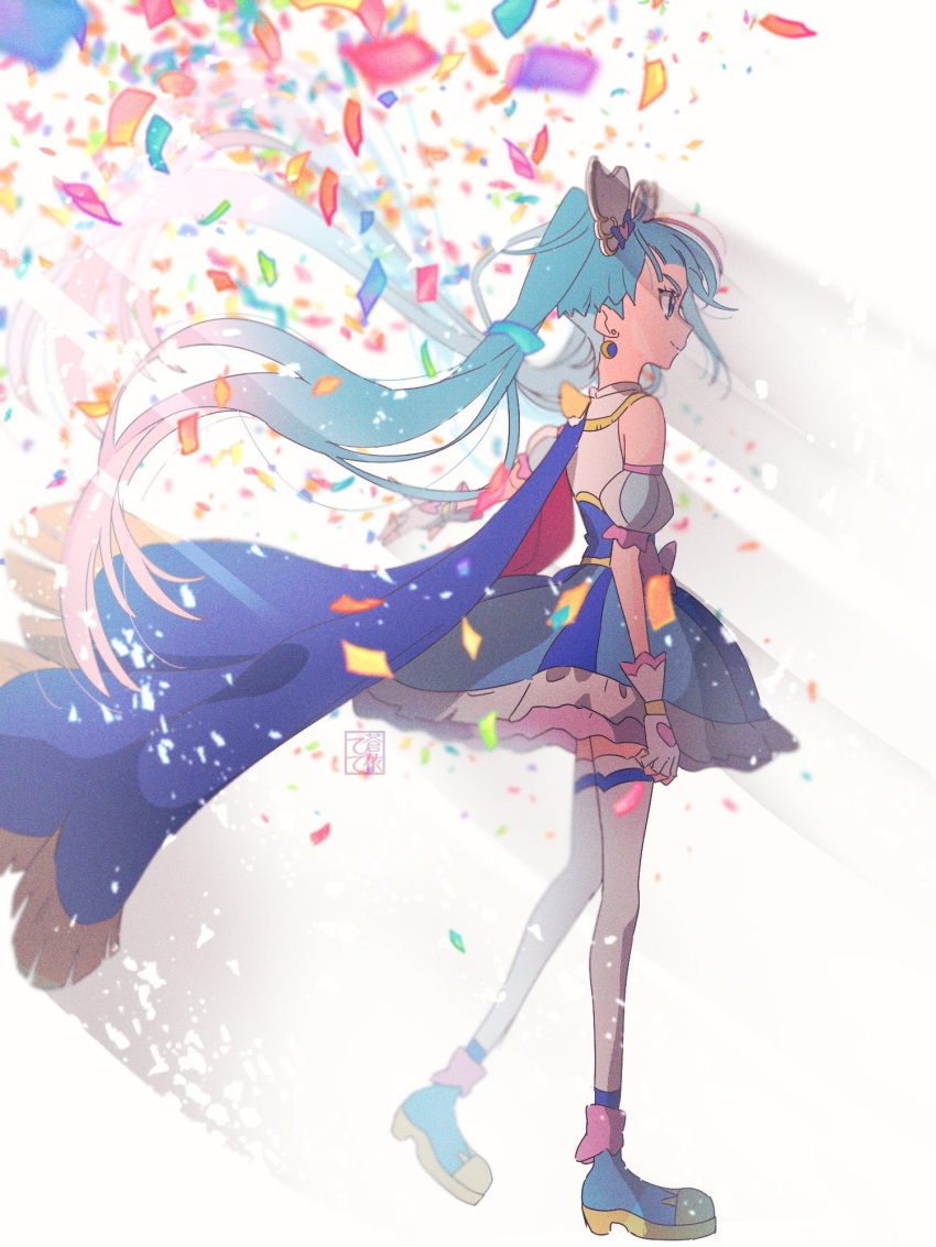 1girl ankle_boots artist_name backlighting blue_cape blue_dress blue_eyes blue_footwear blue_hair boots cape closed_mouth commentary confetti cure_sky cut_bangs detached_sleeves dress earrings fingerless_gloves frilled_dress frills fringe_trim from_side gloves gradient_hair highres hirogaru_sky!_precure jewelry long_hair looking_to_the_side magical_girl multicolored_hair pink_hair precure puffy_detached_sleeves puffy_sleeves red_cape short_dress signature sleeveless sleeveless_dress smile solo sora_harewataru tete_a thighhighs twintails two-sided_fabric very_long_hair walking white_gloves white_thighhighs wind wing_hair_ornament
