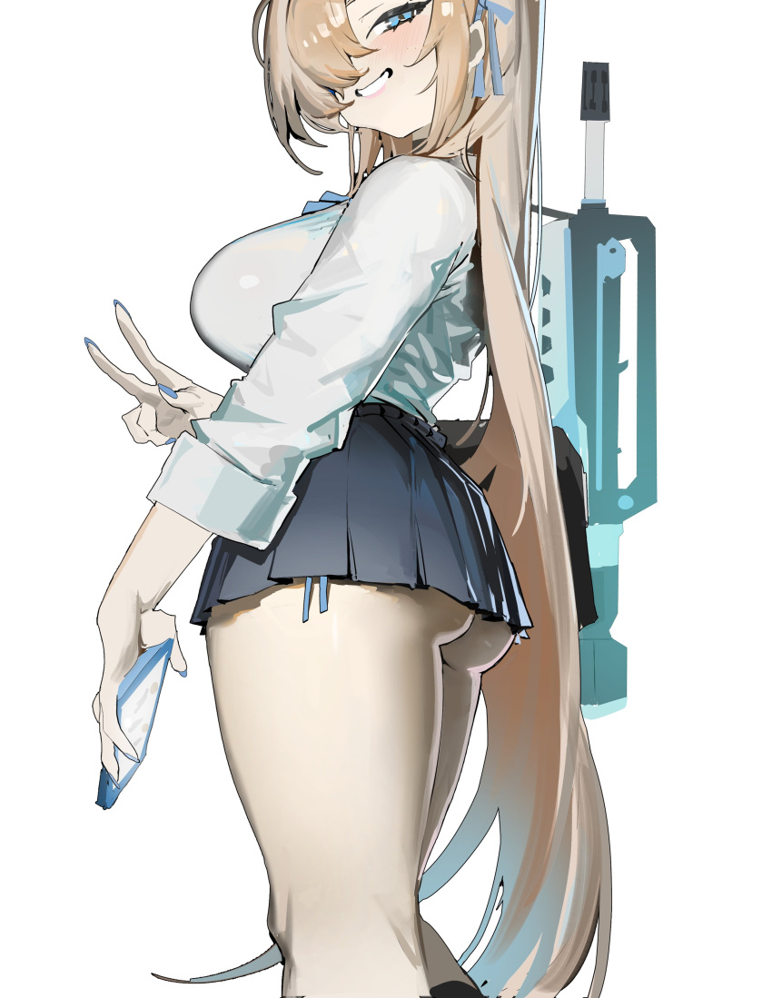 1girl absurdres ass assault_rifle asuna_(blue_archive) bag black_skirt black_socks blue_archive blue_eyes blue_nails blue_panties blue_ribbon breasts bullpup cellphone commentary famas feet_out_of_frame grin gun hair_over_one_eye hair_ribbon handle highres holding holding_phone huge_breasts kneehighs large_breasts light_brown_hair long_hair looking_at_viewer miniskirt mitsuki3s_kir nail_polish panties phone pleated_skirt ribbon rifle school_uniform shirt side-tie_panties simple_background skirt sling smartphone smile socks solo underwear v very_long_hair weapon weapon_on_back white_background white_shirt