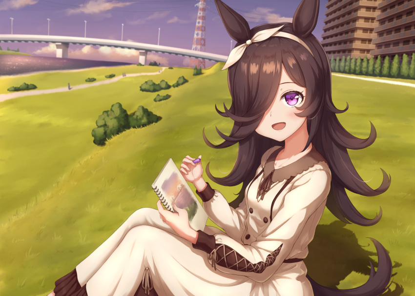 1girl :d animal_ears blue_sky blush bridge brown_dress brown_hair brown_ribbon building bush buttons cloud collarbone collared_dress commentary_request cross-laced_clothes cross-laced_sleeves darepaso day double-breasted drawing dress eyelashes frilled_dress frills grass hair_over_one_eye hairband hands_up highres holding holding_marker holding_sketchbook horse_ears horse_girl horse_tail long_hair long_sleeves looking_at_viewer looking_to_the_side marker neck_ribbon one_eye_covered open_mouth outdoors parted_bangs path purple_eyes ribbon rice_shower_(umamusume) river shadow sidelocks sitting sketchbook sky smile solo swept_bangs tail tower transmission_tower tree umamusume water white_hairband