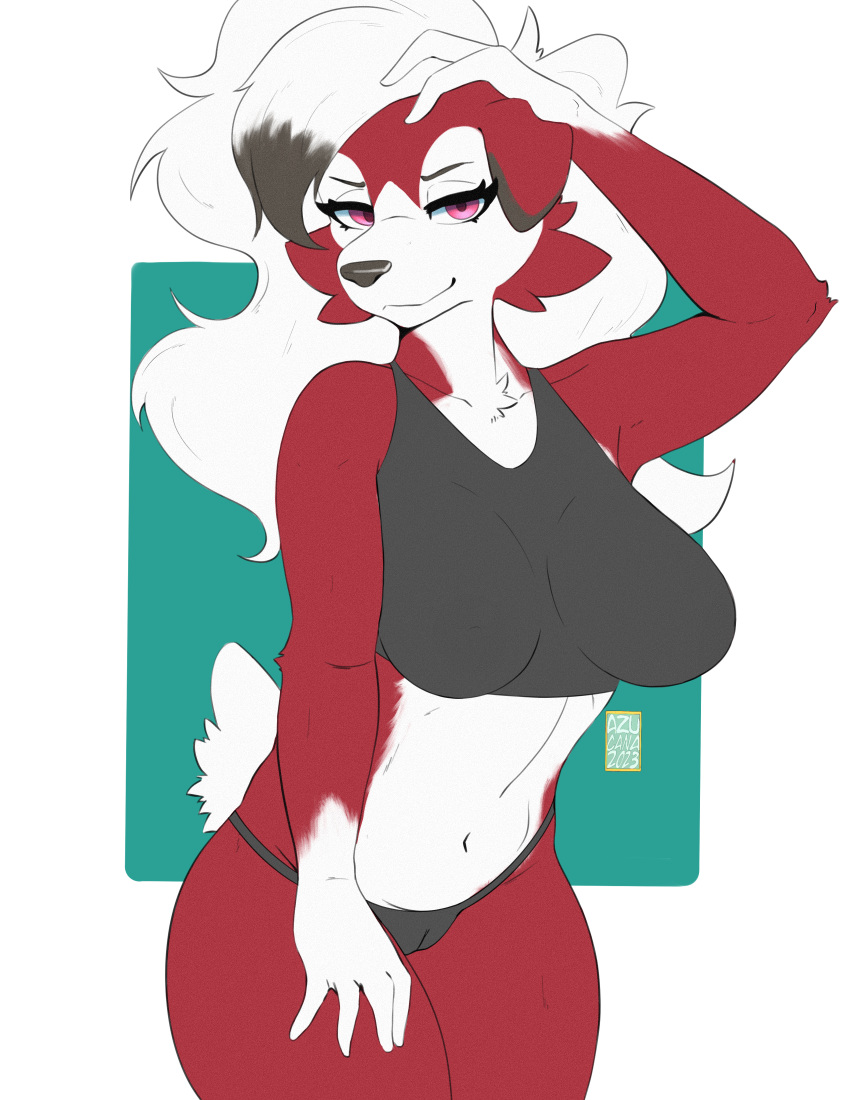 absurd_res anthro azucana bedroom_eyes bra clothing female generation_7_pokemon hair hand_on_leg hand_on_thigh hi_res holding_hair looking_at_viewer lycanroc midnight_lycanroc midriff narrowed_eyes nintendo panties pokemon pokemon_(species) seductive solo tail touching_hair underwear