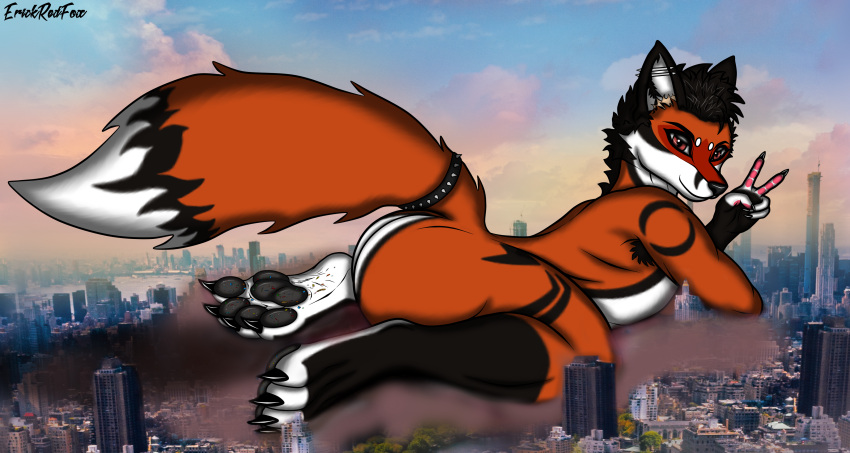 4_toes 5_toes absurd_res abuse anthro armpit_hair big_butt black_body black_claws black_fur black_hair black_nose black_pawpads body_hair bracelet brown_eyes building_destruction butt canid canine city city_background city_crushing city_destruction claws cloud crush dark_body dark_claws dark_fur dark_pawpads destruction detailed_background dirt dominant dominant_anthro dominant_male ear_piercing erickredfox feet foot_crush foot_fetish fox fur gesture grey_pawpads hair hi_res jewelry larger_anthro larger_male looking_at_viewer looking_pleasured lying lying_on_ground macro male mammal markings micro micro_abuse micro_on_macro multicolored_body multicolored_fur on_front pawpads paws piercing pink_pawpads rampage red_body red_fox red_fur redrick_(erickredfox) size_difference size_play smile smiling_at_viewer solo spiked_bracelet spikes spread_legs spreading stomping toes trampling two_tone_body two_tone_fur two_tone_tail v_sign white_body white_fur