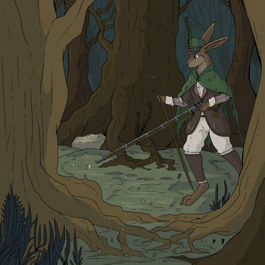 anthro bottomwear brown_body cloak clothing coat digital_drawing_(artwork) digital_media_(artwork) digitigrade forest garbagegarage gun hat headgear headwear hi_res lagomorph leporid male mammal musket pants plant rabbit ranged_weapon solo topwear tree weapon