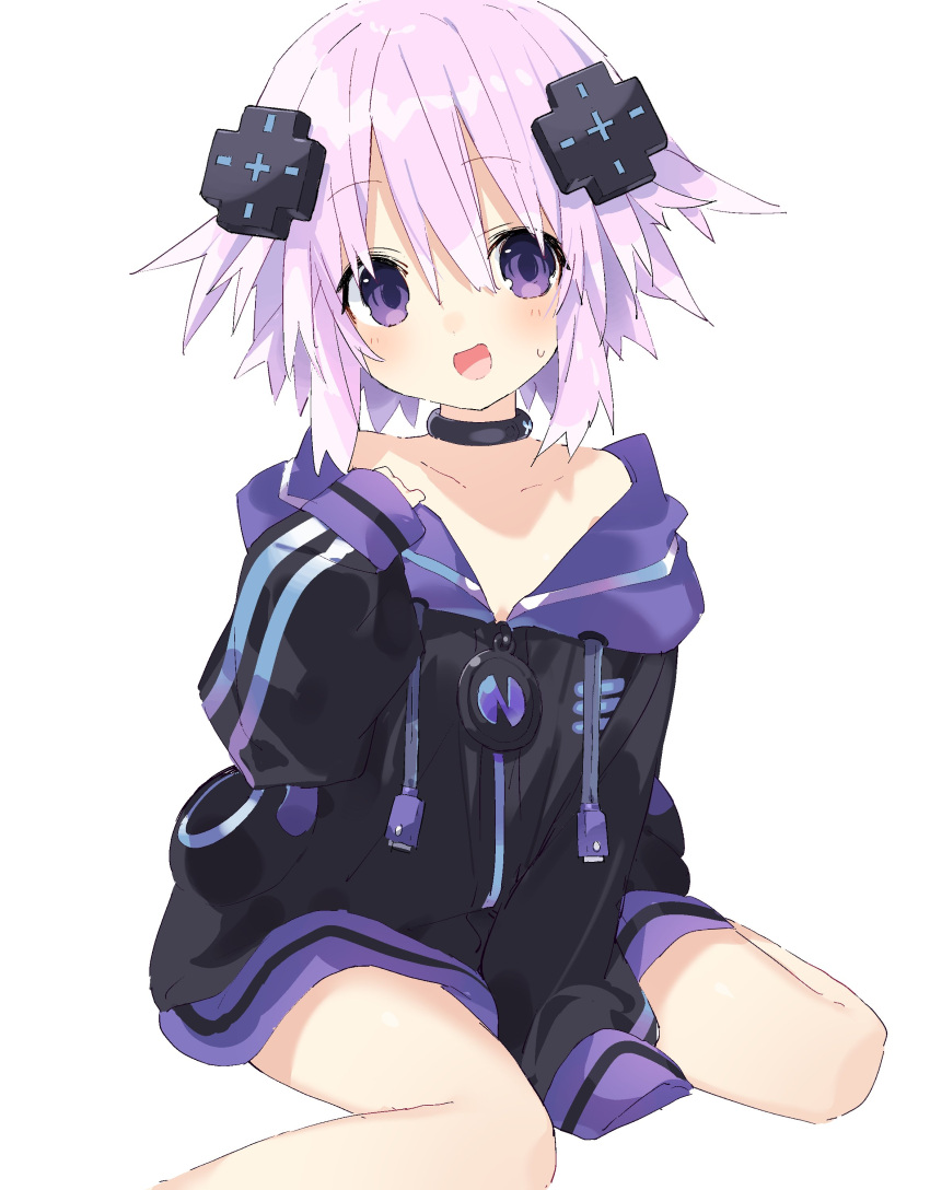 1girl absurdres adult_neptune adult_neptune_(cosplay) bare_shoulders black_choker blush breasts bubun_oo choker cleavage cosplay d-pad d-pad_hair_ornament hair_ornament highres hood hooded_jacket jacket looking_at_viewer neptune_(neptune_series) neptune_(series) open_mouth purple_eyes purple_hair shin_jigen_game_neptune_vii short_hair smile solo