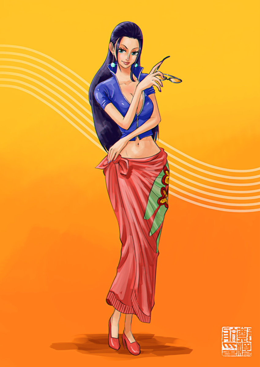 1girl absurdres aliasartworks black_hair blue_shirt earrings highres holding holding_removed_eyewear jewelry long_hair looking_at_viewer nico_robin one_piece orange_background pink_lips pink_sarong sarong shirt shoes sidelocks smile solo sunglasses unworn_eyewear