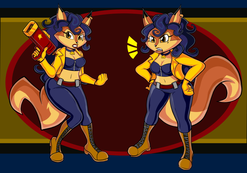 abstract_background absurd_res anthro belt blackmore bottomwear breasts canid canine carmelita_fox clothing female footwear fox hi_res jewelry mammal navel necklace pants raised_tail sly_cooper_(series) sony_corporation sony_interactive_entertainment sucker_punch_productions tail torso