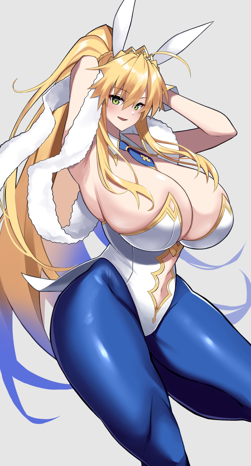 1girl absurdres ahoge animal_ears armpits arms_behind_head arms_up artoria_pendragon_(fate) artoria_pendragon_(swimsuit_ruler)_(fate) blonde_hair blue_pantyhose breasts cleavage clothing_cutout curvy detached_collar eyebrows_hidden_by_hair fake_animal_ears fate/grand_order fate_(series) green_eyes hair_between_eyes highleg highleg_leotard highres huge_breasts imuzi leotard long_hair navel navel_cutout pantyhose ponytail simple_background solo thighs tiara white_leotard wrist_cuffs