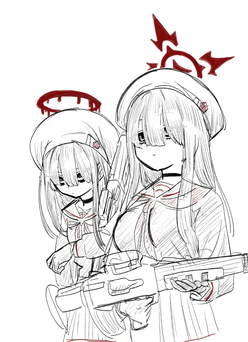 2girls aged_down assault_rifle beret black_choker black_hair black_headwear black_sailor_collar black_serafuku blood_halo blue_archive blunt_bangs bullpup choker cosplay dark_halo em-2 gloves gun hair_between_eyes hair_over_eyes halo hasumi_(blue_archive) hat highres holding holding_gun holding_weapon justice_task_force_(blue_archive) justice_task_force_member_(blue_archive) justice_task_force_member_(blue_archive)_(cosplay) long_bangs long_hair melting_halo moluearch multiple_girls neckerchief pleated_skirt red_halo red_neckerchief red_stripes rifle sailor_collar school_uniform serafuku simple_background skirt tsurugi_(blue_archive) weapon white_background