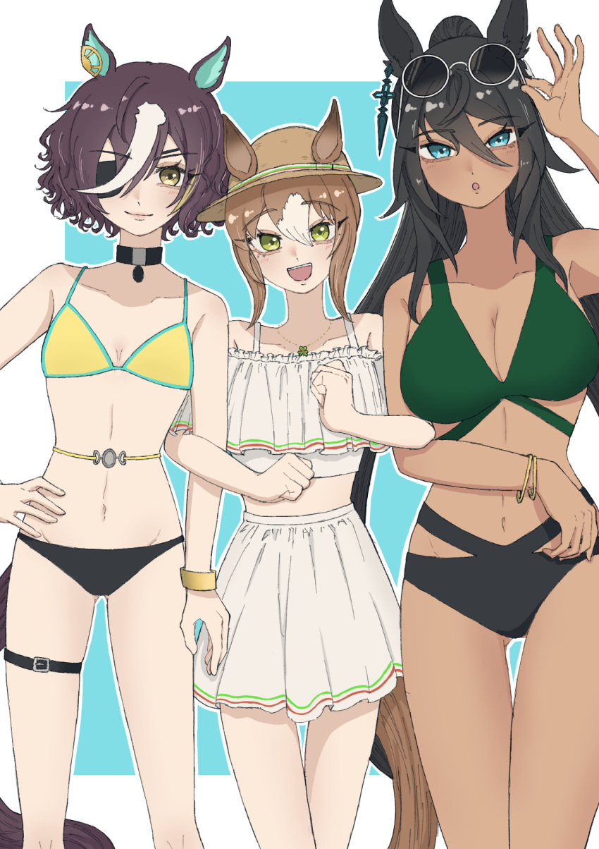 3girls :o adjusting_eyewear animal_ears arm_up bare_shoulders bikini black_hair blush bracelet breasts brown_hair cleavage clenched_hands closed_mouth collar commentary_request dark-skinned_female dark_skin ears_through_headwear eyepatch eyewear_on_head feet_out_of_frame fine_motion_(umamusume) green_eyes hand_on_own_hip hat highres horse_ears horse_girl horse_tail jewelry large_breasts locked_arms long_hair looking_at_viewer mismatched_bikini multicolored_hair multiple_girls navel necklace open_mouth ponytail shirt short_hair skirt small_breasts smile standing streaked_hair sunglasses swimsuit symboli_kris_s_(umamusume) tail tanino_gimlet_(umamusume) thigh_strap uida_(vodka_0404_) umamusume white_shirt white_skirt wristband