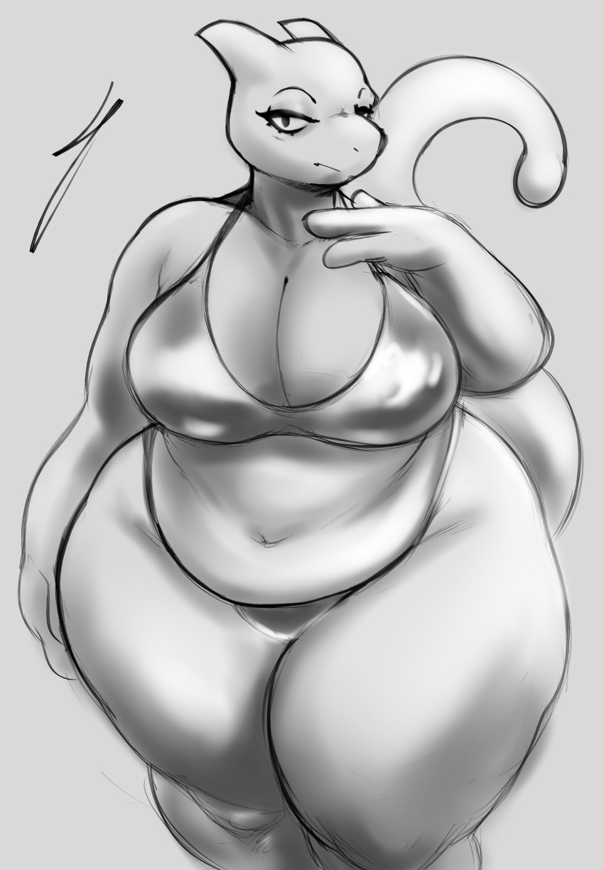 absurd_res anthro belly big_belly big_breasts bikini breasts clothing curvy_figure digital_media_(artwork) eye_moisturizer eyelashes female generation_1_pokemon glistening glistening_clothing hi_res huge_hips huge_thighs legendary_pokemon looking_at_viewer mammal mewtwo nintendo overweight overweight_anthro overweight_female pokemon pokemon_(species) simple_background slightly_chubby solo swimwear tail thick_thighs voluptuous wide_hips